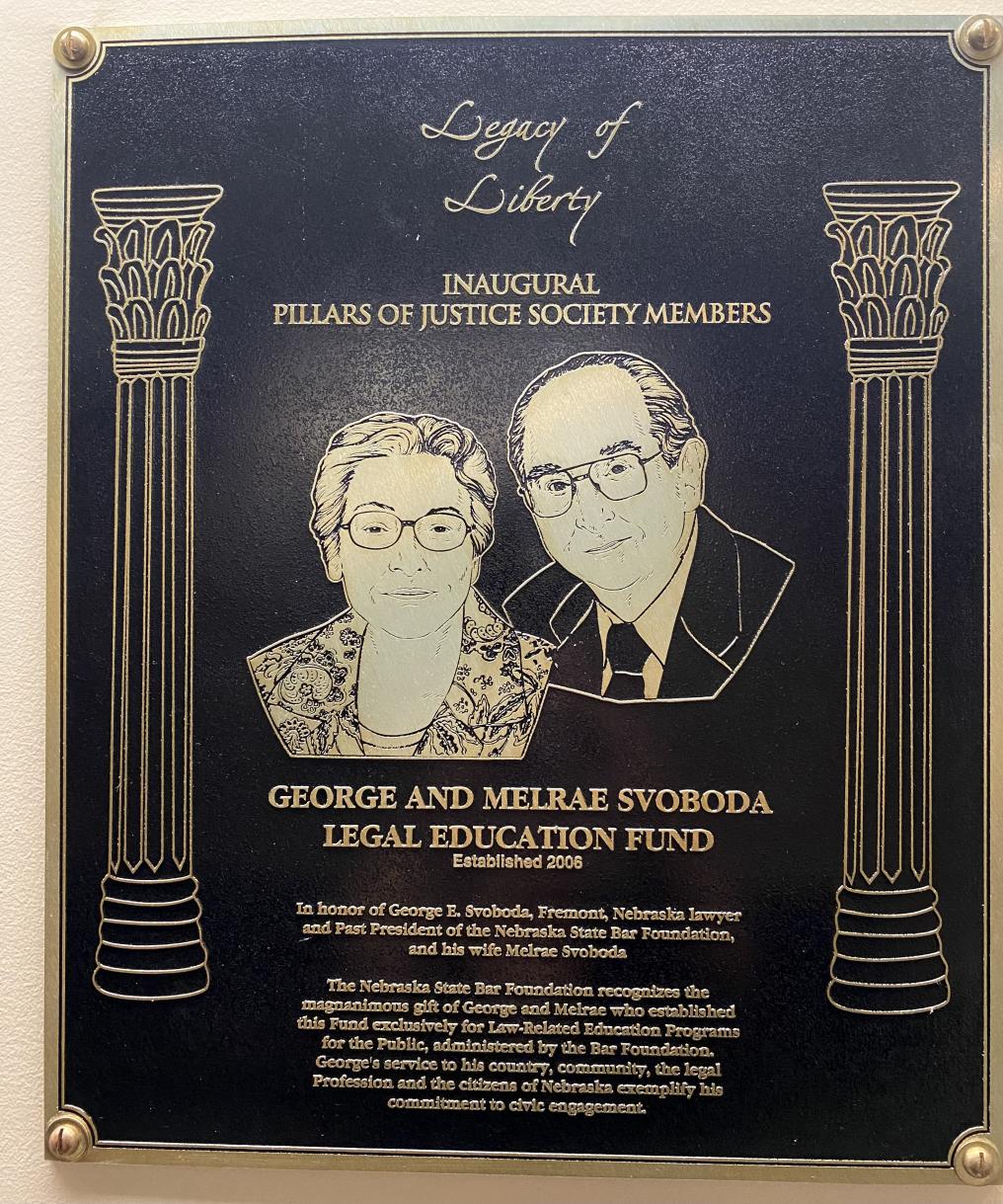 George and Melrae Svoboda plaque in the Hruska Law Center