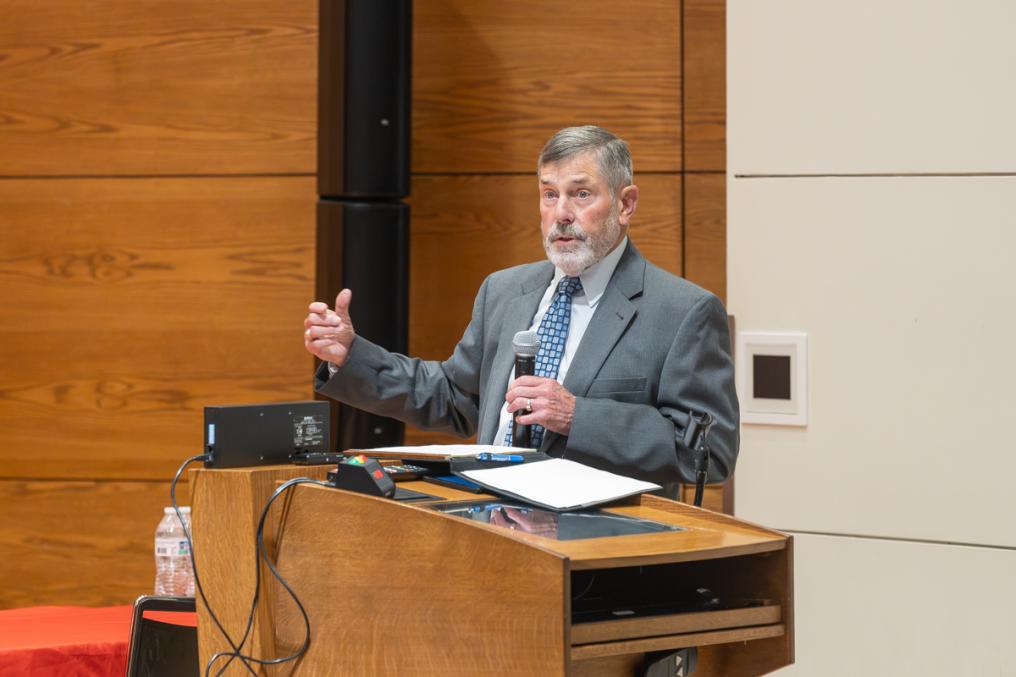 Steve Gealy, President of the Bar Foundation, gives opening remarks for the NE Court of Appeals argument sessions on Constitution Day, 2026, at UNL