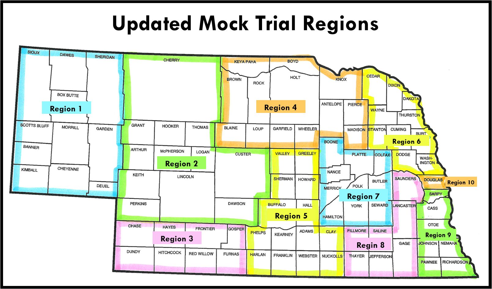 Please note that Cherry County is now in Region 2. Please note that Madison and Pierce Counties are now in Region 4.